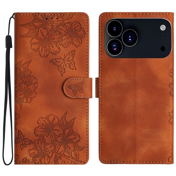 iPhone 17 Pro Max Fodral Med Blommigt Tryck Läder Brun