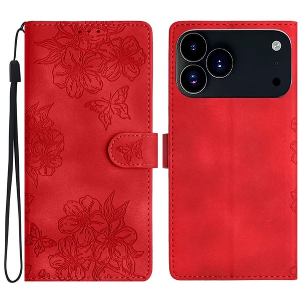 iPhone 17 Pro Max Fodral Med Blommigt Tryck Läder Röd iPhone 17 Pro Max Fodral Med Blommigt Tryck Läder Röd