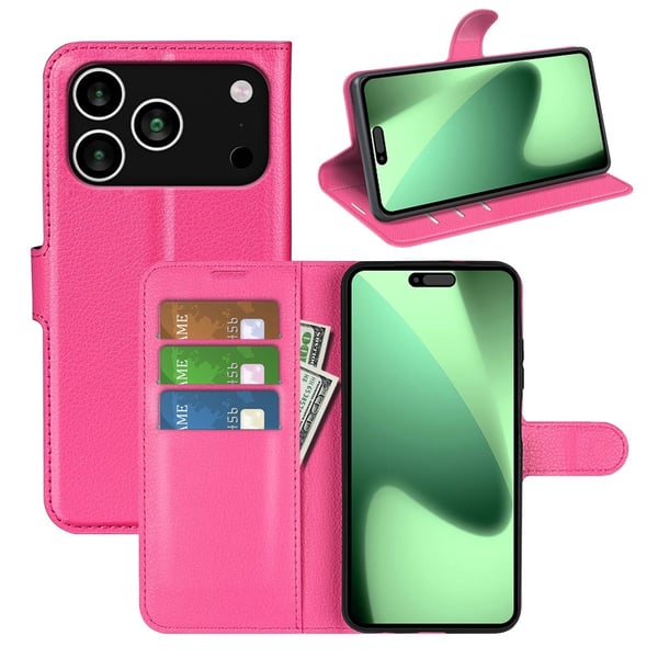 iPhone 17 Pro Max Fodral Litchi Läder Rosa