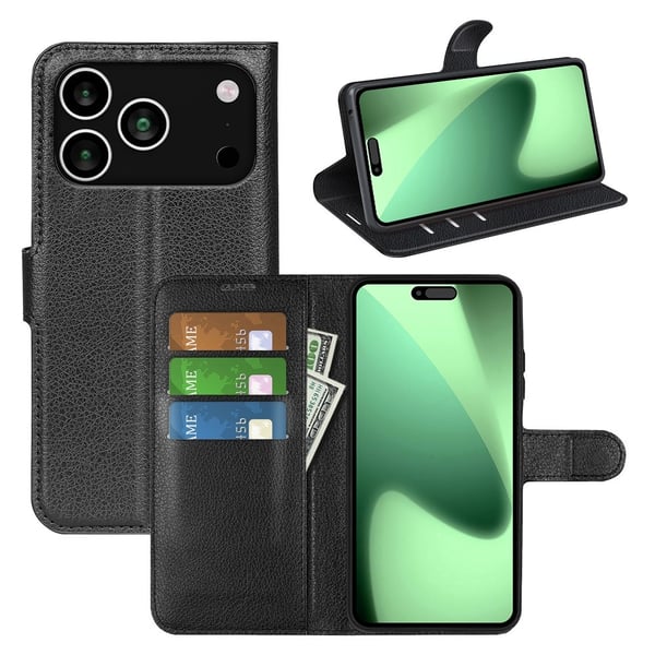 iPhone 17 Pro Max Fodral Litchi Läder Svart