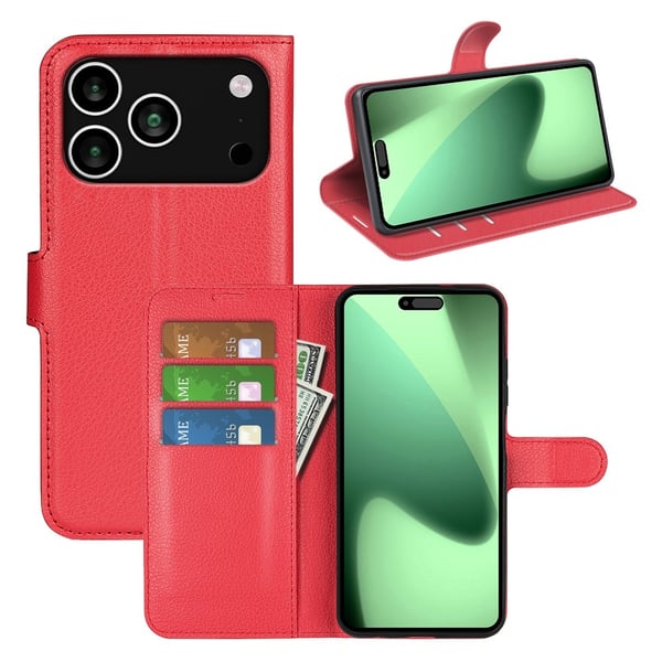 iPhone 17 Pro Max Fodral Litchi Läder Röd