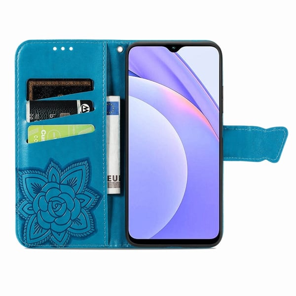 Xiaomi Redmi 9T - Butterfly Läder Fodral - Blå