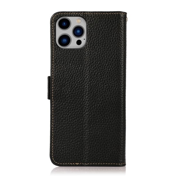 KHAZNEH iPhone 14 Plus Fodral Litchi Äkta Läder RFID Svart