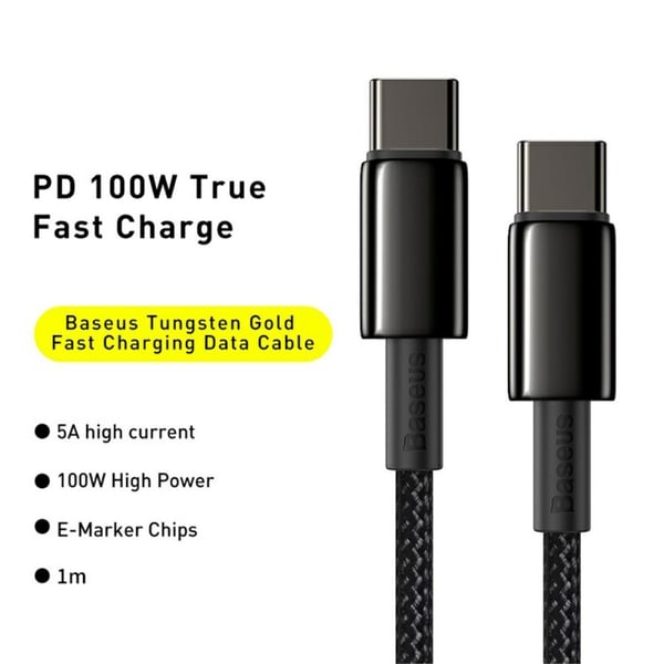 Baseus 1m 100W USB-C - USB-C Kabel Tungsten Gold Series Svart