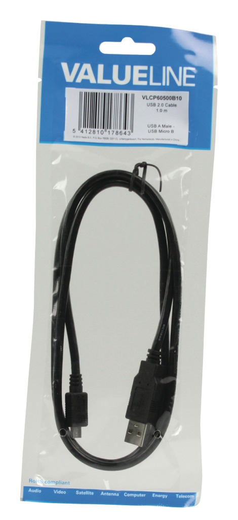 Valueline VLCP60500B10 USB 2.0 USB A Han - USB Micro B Han Kabel 1,00 m Sort