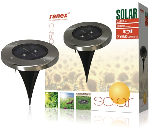 Ranex Ra-5000389 Rund LED Solcelledrevet Jordspot Børstet Rustfrit Stål Glas