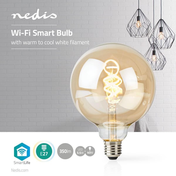 Nedis WIFILT10GDG125 Wi-Fi Varm til Kold Hvid LED Filamentlampe Snoet E27 G125 5,5 W 350 Lm