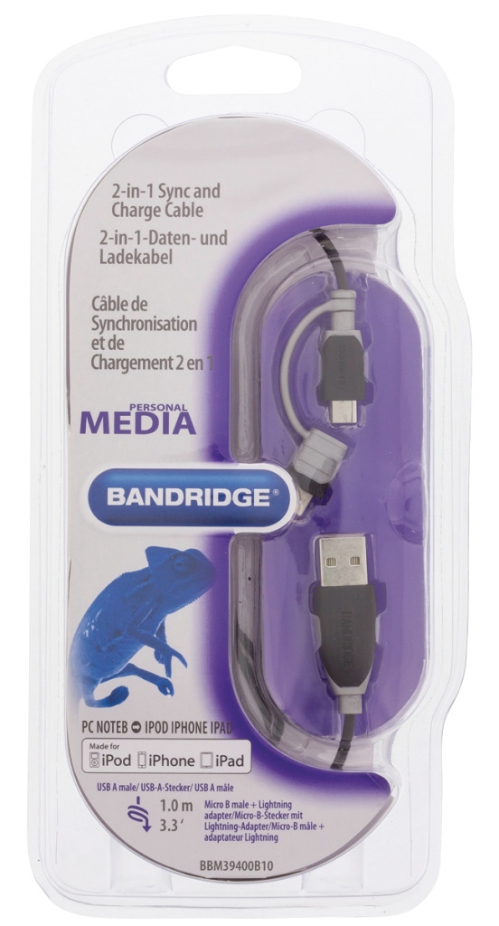 Bandridge BBM39400B10 2-i-1 data- og opladningskabel USB Micro-B han + Lightning-adapter - A han 1,00 m sort