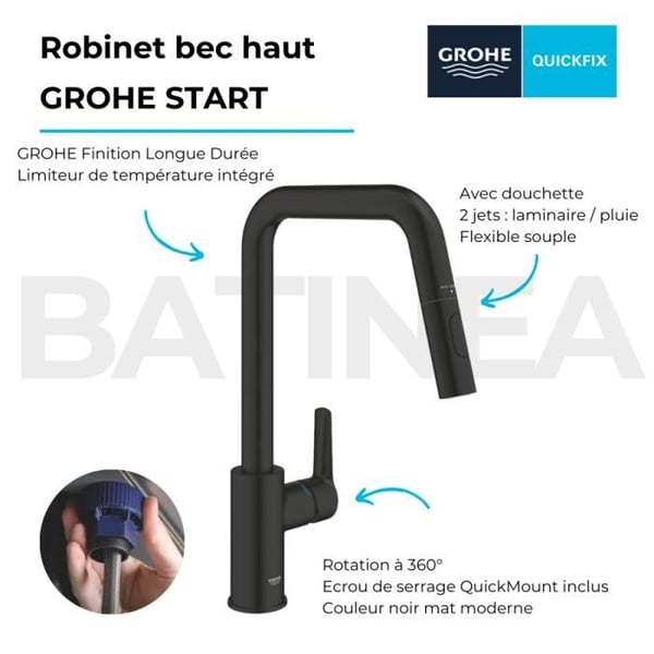 GROHE Start køkkenarmatur med sprayhoved, høj tud, matsort, 2 sprays