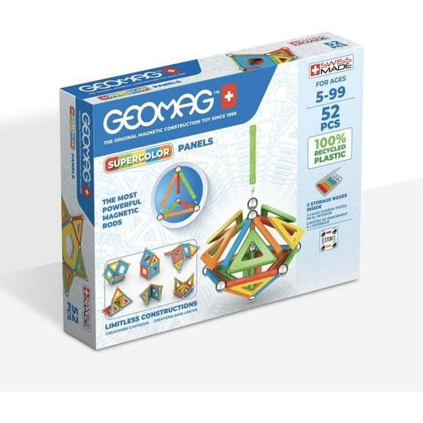 Magnetisk byggesæt - GEOMAG - Supercolor paneler genbrugt 52 dele - Pædagogisk legetøj - 3D - Bæredygtigt