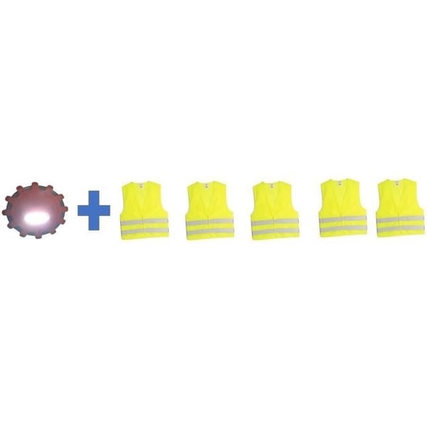 Sikkerhedspakke - HTC EQUIPEMENT - 1 stk. 15 LED advarselslysskive + 5 stk. XL sikkerhedsveste til voksne