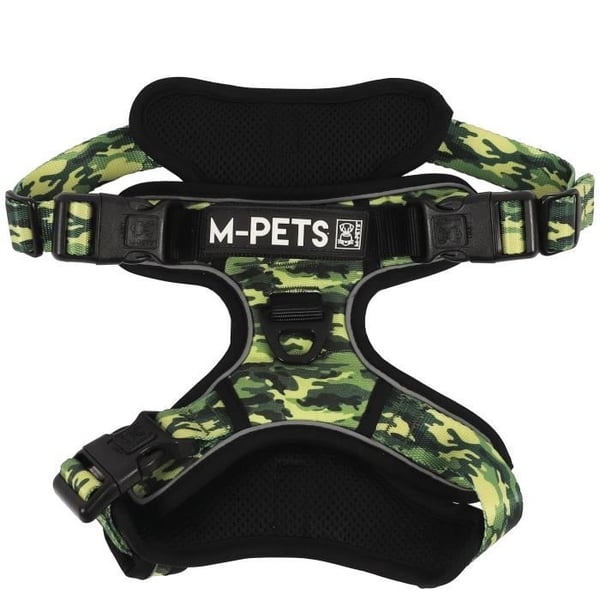 Sele - M PETS - HIKING - Kamouflage M - Vadderat tyg - Säkerhetsklämma - Handtag - Kopplet fram/bak