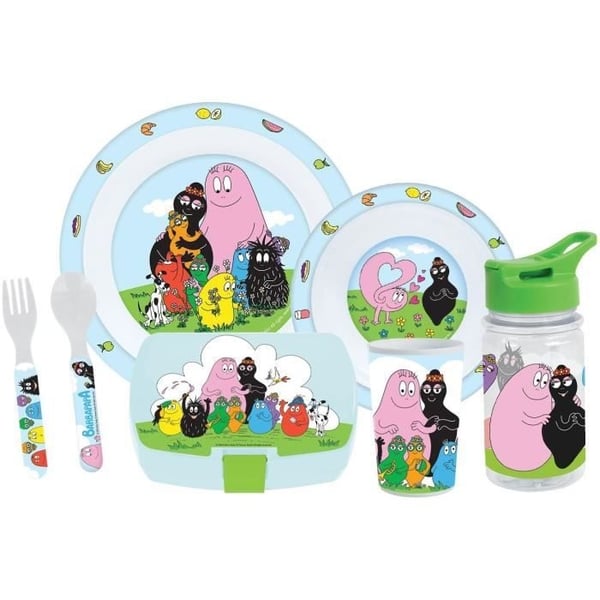 Astiastosetti - HAUSKA TALO - BARBAPAPA - Lasi, lautanen Ø22 cm ja Ø16 cm, aterimet, vesipullo ja välipalarasia Astiastosetti - HAUSKA TALO - BARBAPAPA - Lasi, lautanen Ø22 cm ja Ø16 cm, aterimet, vesipullo ja välipalarasia