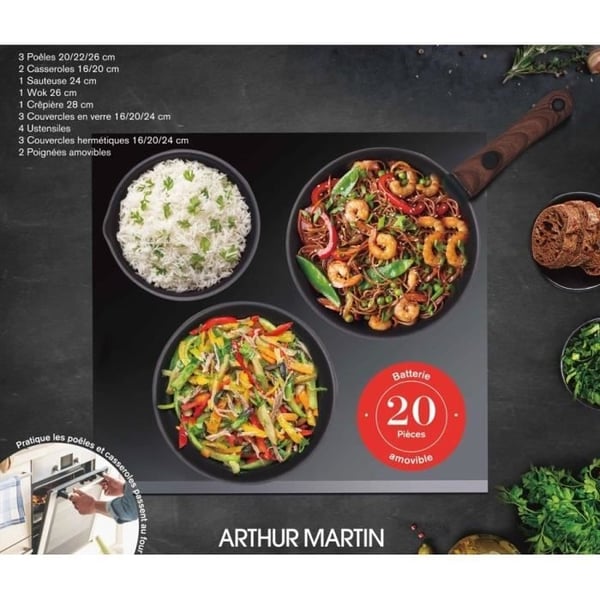 Køkkengrejsæt - Alle kogeplader inklusive induktion - Arthur Martin - AM0530 - Aluminium - Non-stick - 20 dele - Aftageligt håndtag