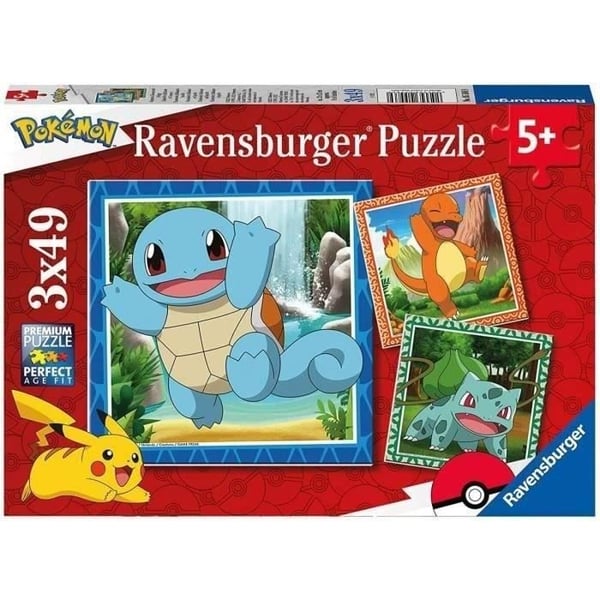 Børnepuslespil 3x49 brikker Pokémon - Charmander, Bulbasaur og Squirtle - Fra 5 år - 3 plakater inkluderet - 05586 - Ravensburger