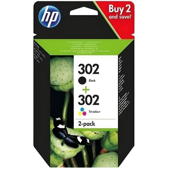 HP 302 2-pak sorte og trefarvede originale blækpatroner (X4D37AE) til HP DeskJet 2130/3630 og HP OfficeJet 3830