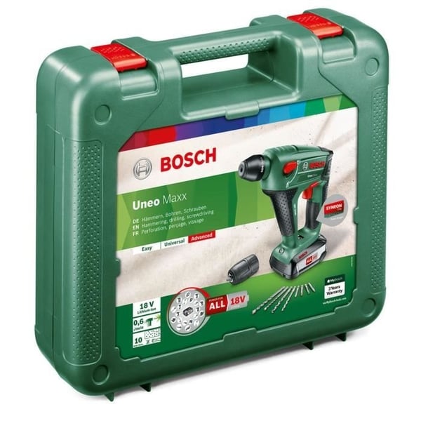 Bosch 18V akku 0,6J slagboremaskine - Uneo Maxx -SDS, 1 x 2,5 Ah batteri, 1 x AL1830CV oplader, kuffert, tilbehør (borehoveder, bits)