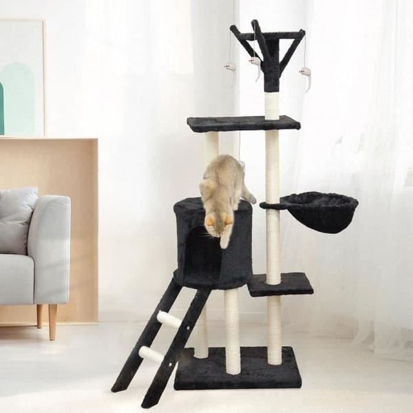 JIPSY Sort kradsetræ 79 x 34 x 138 cm - 3 platforme, 1 siddepind, 1 niche, 1 trappe, kradsetræer