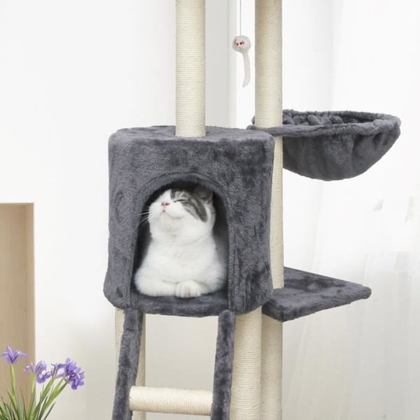 JIPSY Gråt kradsetræ 79 x 34 x 138 cm - 3 platforme, 1 siddepind, 1 niche, 1 trappe, kradsetræer