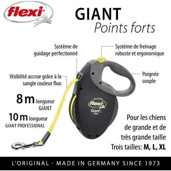 Flexi Neon Giant udtrækkelig snor - FLEXI - GT3-210-S-NEO-12 - Sort og gul - Til hunde op til 50 kg
