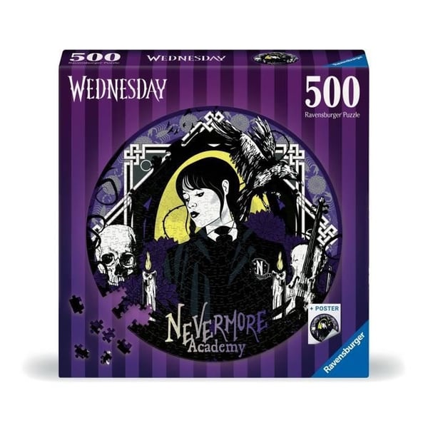 Rundt puslespil med 500 brikker, Wednesday Adams, Tegneserier og tegneserier, Fra 10 år, Ravensburger