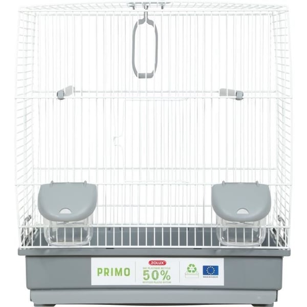 Fuglebur - Zolux - Primo 40 x 25,5 x 44 cm - 2 siddepinde - 2 foderautomater - Gynge - Hvid og grå