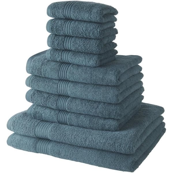 Sæt med 10 TODAY badehåndklæder inklusive 4 stk. 30x50 håndklæder + 4 stk. 50x90 håndklæder + 2 stk. 70x130 cm badelagner 100% bomuld - Peacock