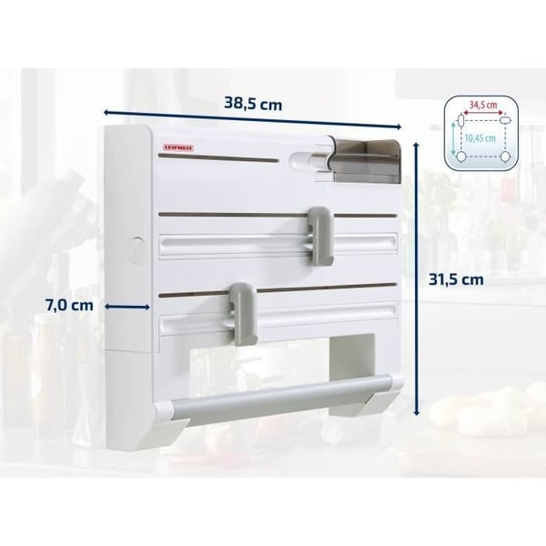 Leifheit Parat Plus ComfortLine 25723 vægmonteret rulleholder, vægmonteret rulleholder med skarpe klinger og 6 opbevaringsrum, hvid