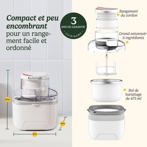 CUISINART ismaskine - ICEM10E - 475 ml kapacitet - Hurtig tilberedning på 25 min - 12W