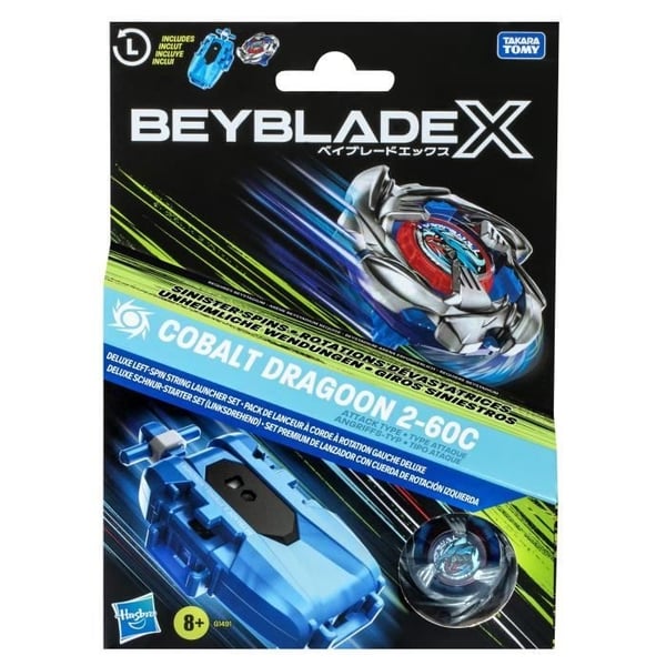 Beyblade X-pakke Cobalt Dragoon 2-60C med Deluxe String Launcher, Venstre Spin-top, Alder 8+