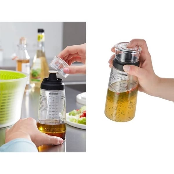 Leifheit 3195 Vinaigrette Shaker, 300 ml gradueret vinaigrettemixer med drypfri tud, 5 opskrifter inkluderet