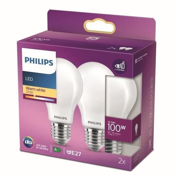 Philips LED-pære tilsvarende 100W E27 varm hvid ikke-dæmpbar glaspakke med 2 stk.