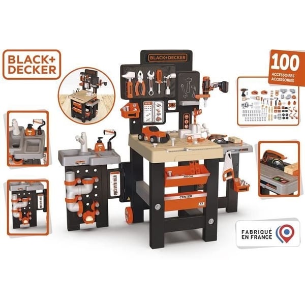 Smoby - Black and Decker - Mega center - 3 dele: mekanik, VVS, tømrerarbejde - Mange tilbehør - Lavet i Frankrig