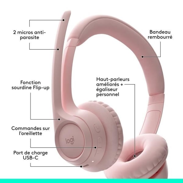 Headset - Trådlöst - Logitech - Zone 300 - Bluetooth - Brusreducering - Rosa