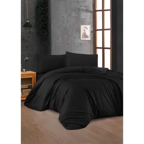 Sengesæt - 1 dynebetræk 220 x 240 cm + 2 pudebetræk 60 x 60 cm - 100% forstærket bomuld - Sort