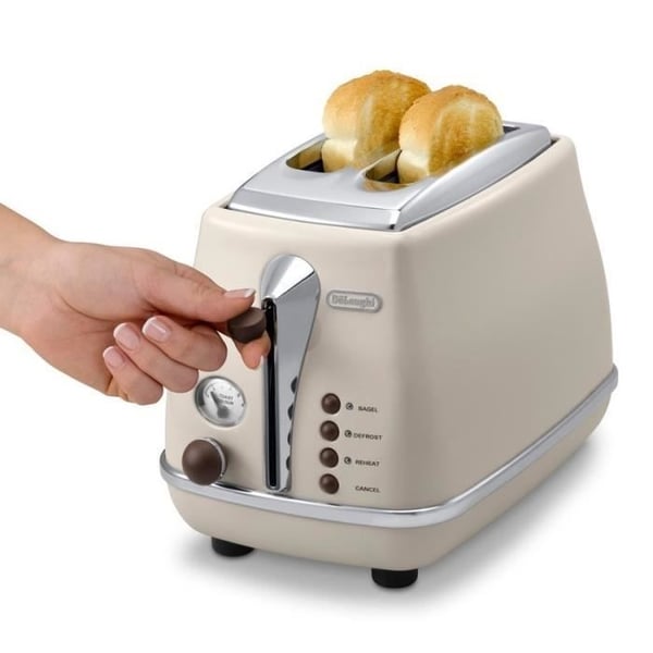 Leivänpaahdin - Delonghi - Icona Vintage - 2 viipaletta - 6 asentoa - Kiiltävän beige / Suklaanvärinen pohja ja kahva