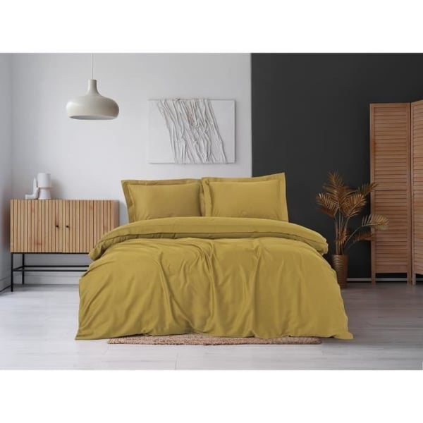 Sengesæt - 1 dynebetræk 220 x 240 cm + 2 pudebetræk 60 x 60 cm - 100% bomuldssatin - Sennep