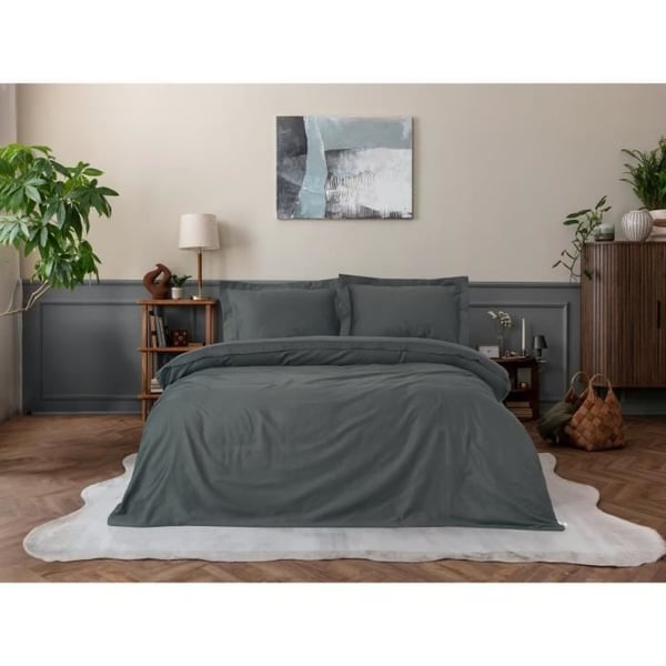 Sengesæt - 1 dynebetræk 220 x 240 cm + 2 pudebetræk 60 x 60 cm - 100% bomuldssatin - Antracit