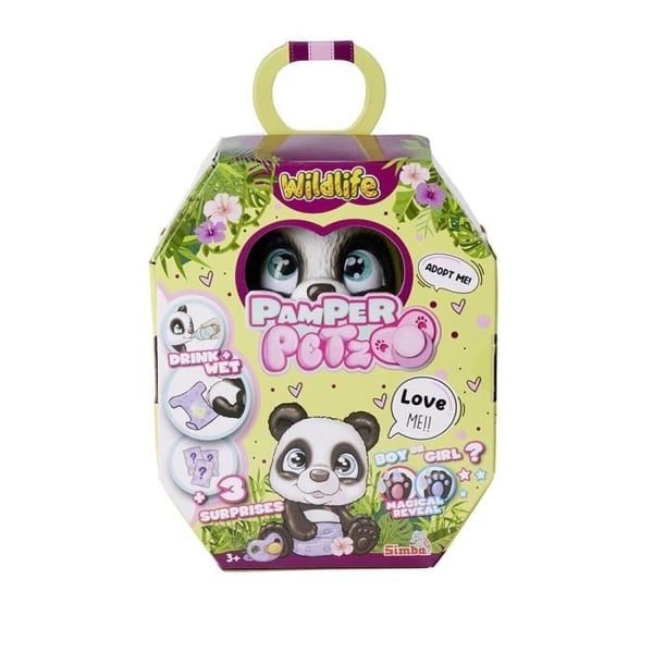 Smoby - Pamper Petz - Panda til adoption - 4 tilbehør - Leddelt - Træ og tis - Adoptionsattest - Fra 3 år
