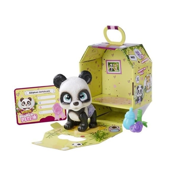 Smoby - Pamper Petz - Panda til adoption - 4 tilbehør - Leddelt - Træ og tis - Adoptionsattest - Fra 3 år