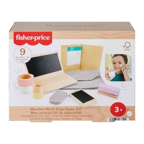 FISHER-PRICE Hjemmekontorsæt i træ, 9 dele med bærbar computer og telefon i træ HXV11