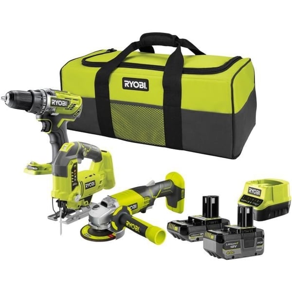 RYOBI 3 værktøjer: 1 R18DD3 bore-/skruemaskine + 1 115 mm sliber + 1 stiksav + 2 4 Ah & 2 Ah batterier + 1 oplader & 1 taske