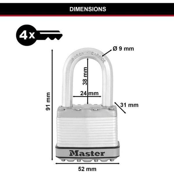 Højsikkerhedshængelås - MASTER LOCK - M115EURTRILF - Nøgle - Lamineret stål med belægning - Udvendig - Rustfri - M-bøjle - Pakke med