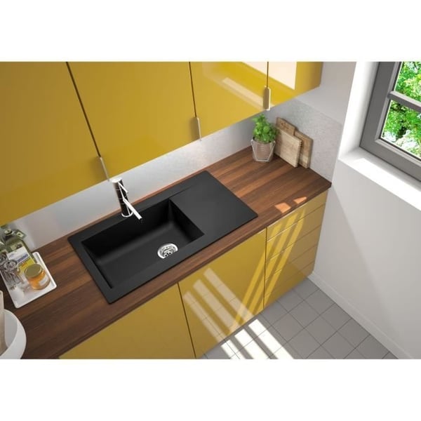 STRADOUR Indbygget køkkenvask 1 stor kumme + 1 Einna afløbsbakke - Resin - 86 x 50 cm - Sort