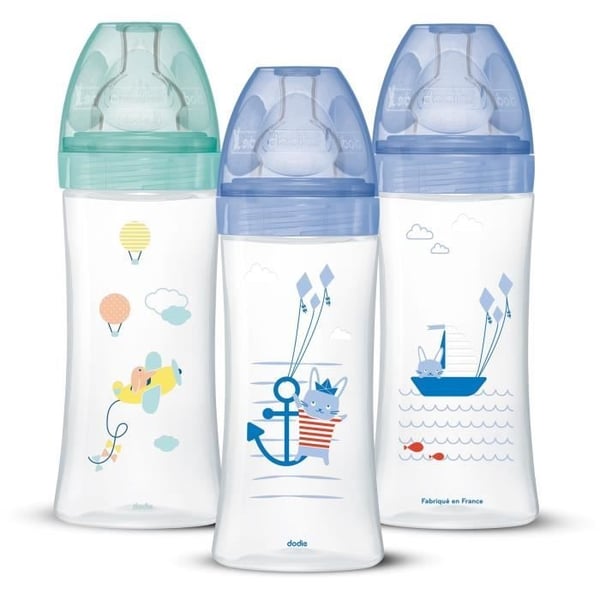 DODIE Sæt med 3 Sensation+ Anti-kolik flasker 330 ml + 6 måneder, flad sut, flowhastighed 3 - havblå og luftgrøn