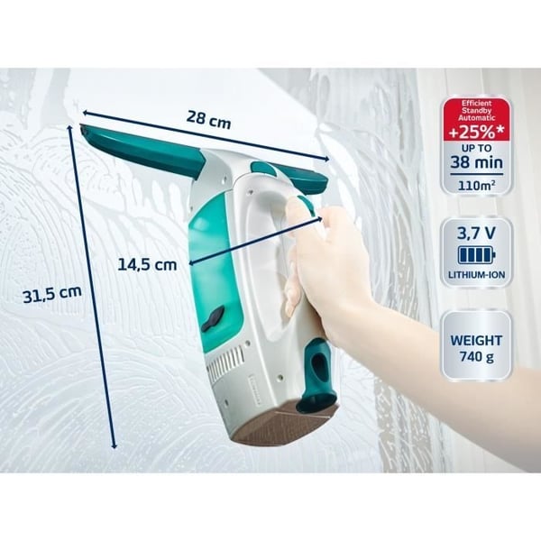 Leifheit Dry & Clean 51003 ikkunanpesuri kahvalla ja märkäpyyhkeellä, setti raidattomaan puhdistukseen, 38 minuutin käyttöaika