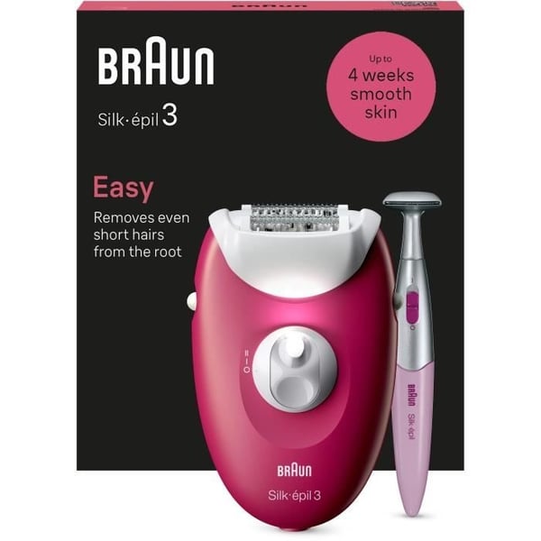 Ledningsbaseret elektrisk epilator - BRAUN - Silk-épil 3 - Glat hud i ugevis - 3-202 - Hindbær
