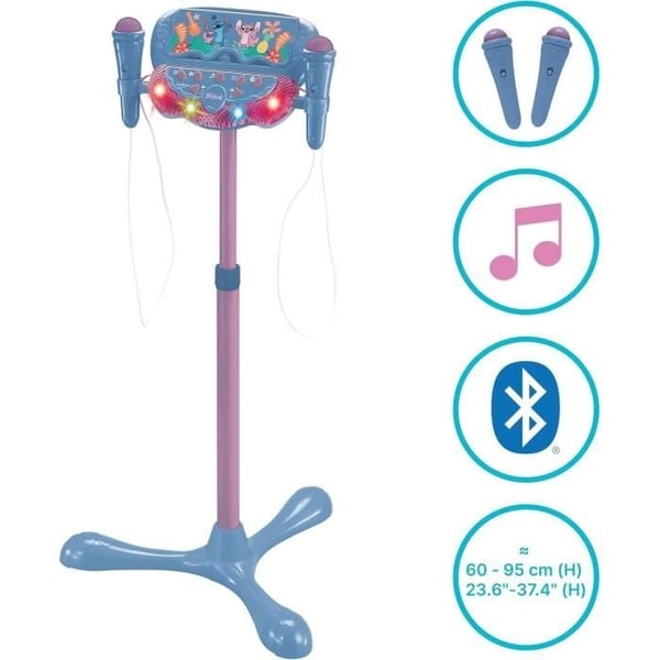Stitch-mikrofon på justerbart, oplyst stativ med højttaler, 2 mikrofoner og vokaleffekter, Bluetooth-højttaler