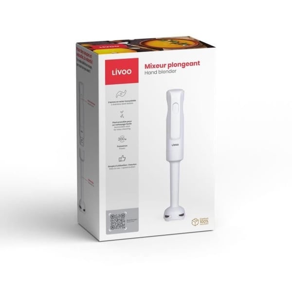Stavblender - LIVOO - 300 W - 2 knive i rustfrit stål - 1 hastighed - 19.000 o/min - Hvid