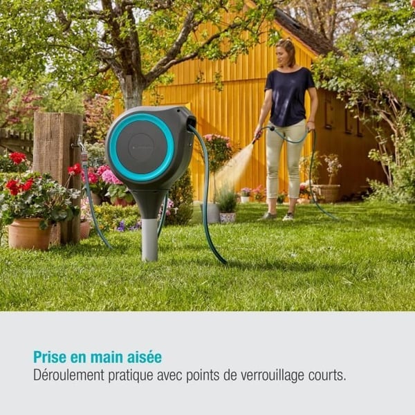 Automatisk slangeopruller på spyd RollUp S 15 m - GARDENA - Blå kant - Automatisk slangeoprulning